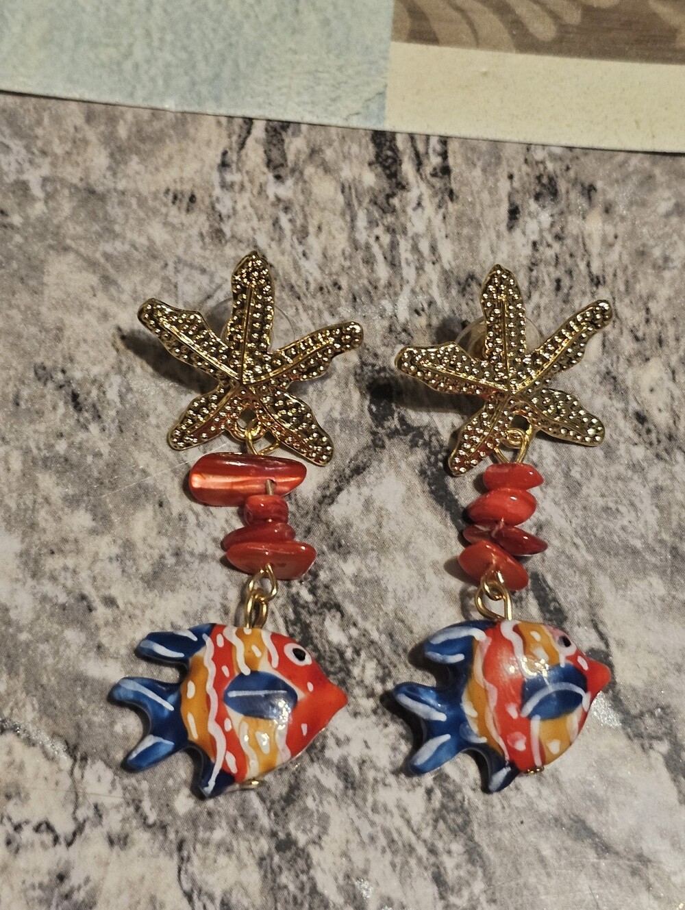 Gold Tone Colorful Fish & Starfish Dangle Earrings
